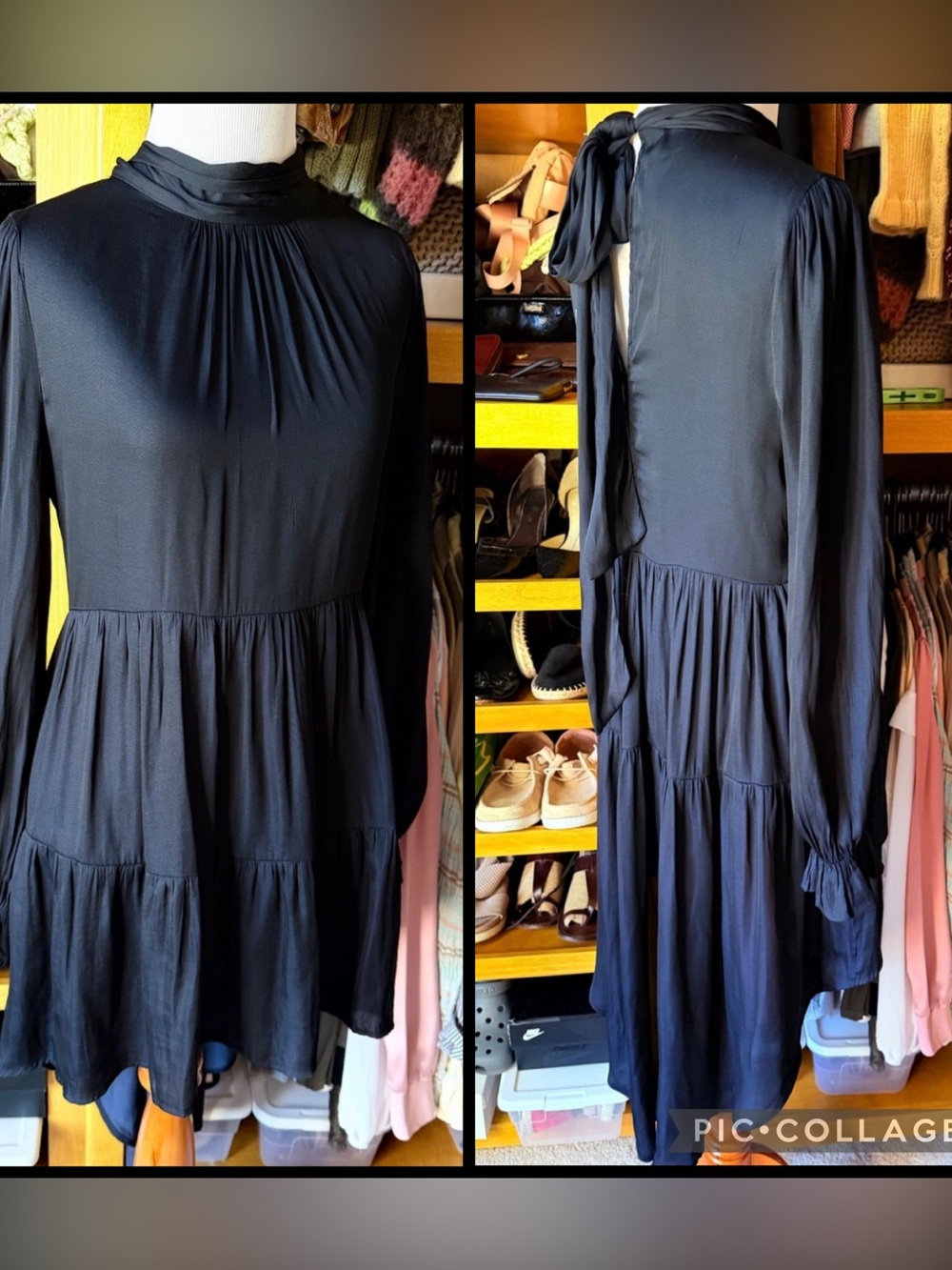 MUSTARD SEED Black Long-Sleeve Tiered Midi Dress with Back Tie